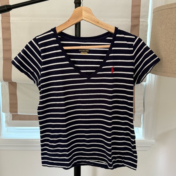 Polo Ralph Lauren Tops - Polo Ralph Lauren Striped Navy and White Short Sleeve V- Neck Tee Red Pony Logo